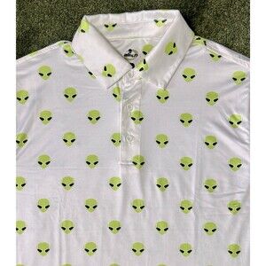 Alien Golf Polo Shirt All Over Print Mens Large White Lime Green Short Sleeved